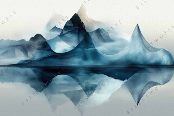 "Abstract digital art of mountain landscape in blue tones with reflective water surface."