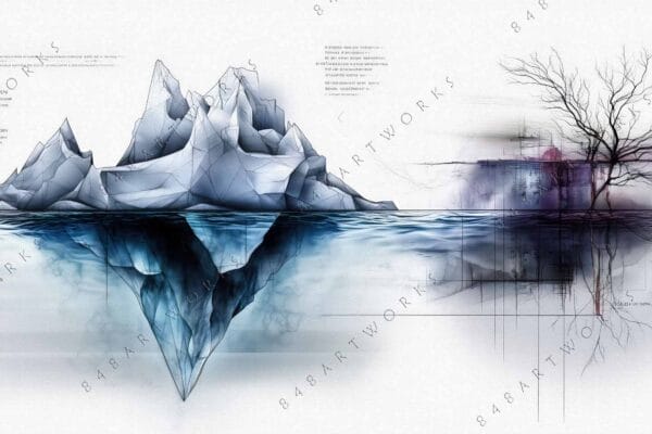 "Geometric digital art of icebergs and a bare tree with blue and purple hues."