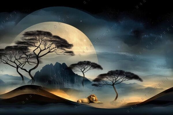 Digital painting of a lion resting under trees, against a moonlit landscape.