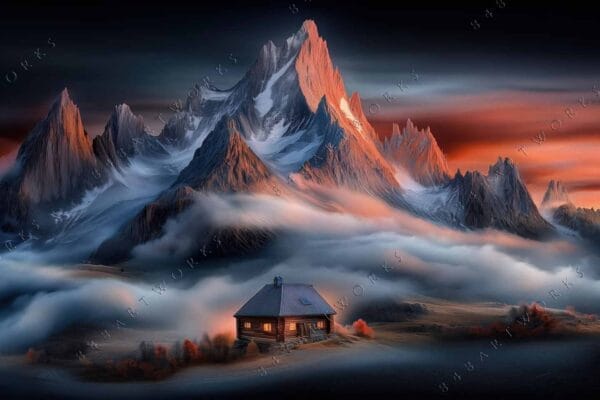"Digital painting of a cabin below misty mountains at sunset in warm tones."