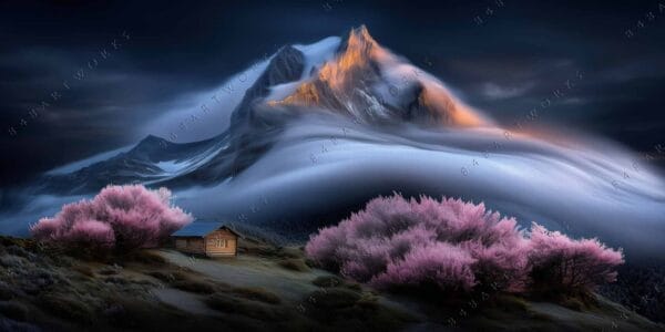 Digital painting of snowy mountain at sunrise, pink trees, and wooden cabin in foreground.