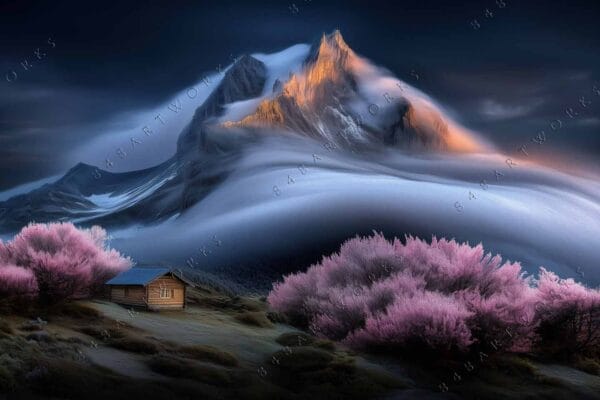 Digital painting of snowy mountain at sunrise, pink trees, and wooden cabin in foreground.