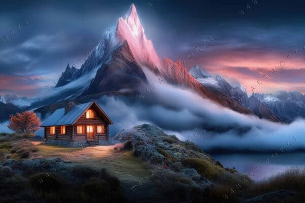 Digital painting of a cozy cabin beneath majestic, snow-covered mountains at sunrise.