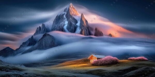 "Digital painting of a mountain peak at sunrise with clouds and a lit cabin."