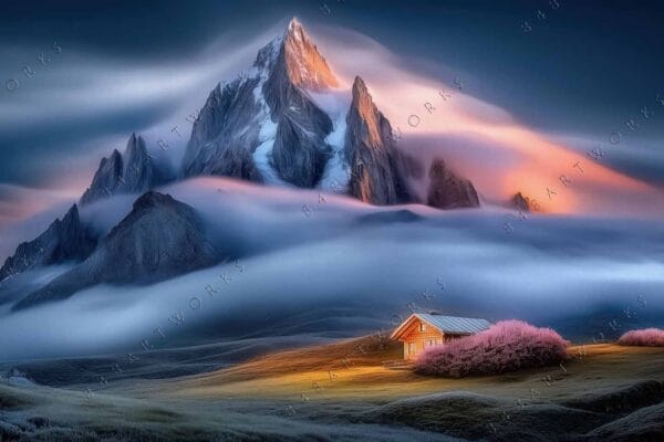"Digital painting of a mountain peak at sunrise with clouds and a lit cabin."