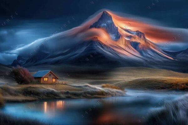 Digital painting of a glowing mountain peak with a cabin by a calm lake.