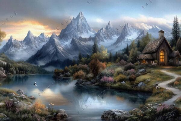 "Digital painting of a serene lakeside cabin with snowy mountains in the background."