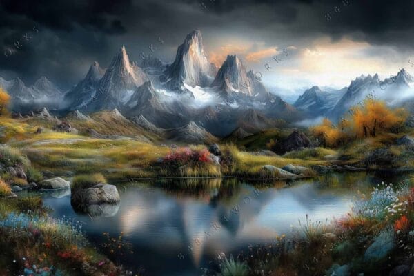 Oil painting of a serene mountain landscape with vibrant foliage and a reflective pond.
