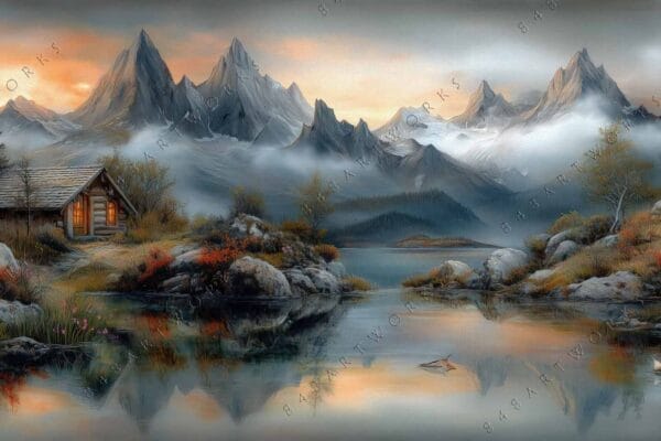 Realistic painting of a mountain cabin by a misty lake at sunrise.