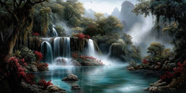 Digital painting of a lush forest waterfall with red plants and misty background.