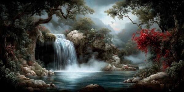 "Digital painting of a serene waterfall surrounded by lush greenery and red flowers."