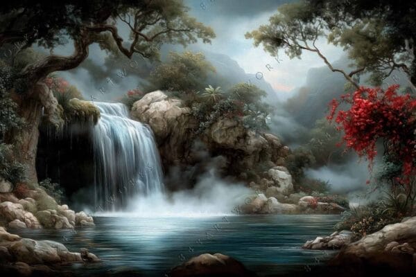 "Digital painting of a serene waterfall surrounded by lush greenery and red flowers."