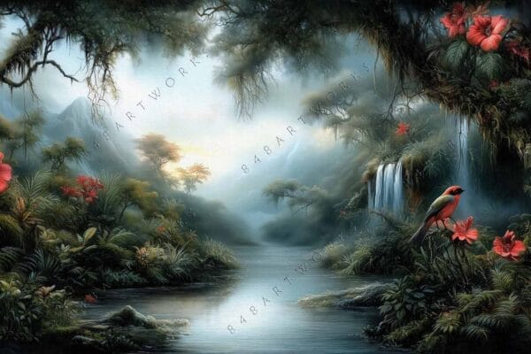 Digital painting of a lush jungle, vibrant red flowers, and a colorful bird.