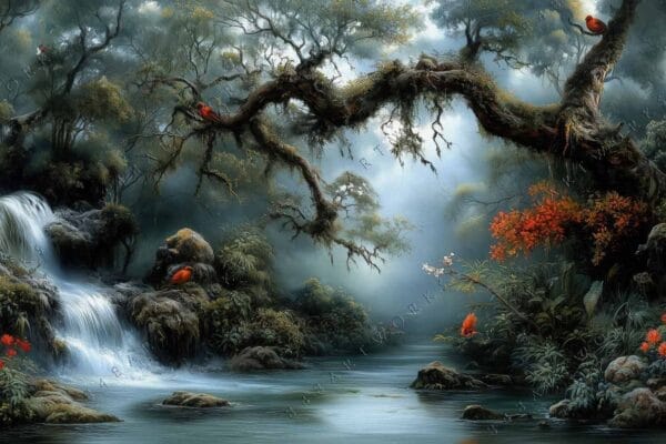 "Fantasy digital painting of a serene forest waterfall with red flowers and blue mist."