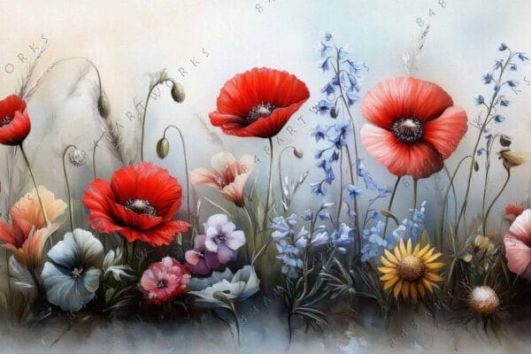 Digital painting of vibrant wildflowers, featuring red, yellow, blue, and pink blossoms.
