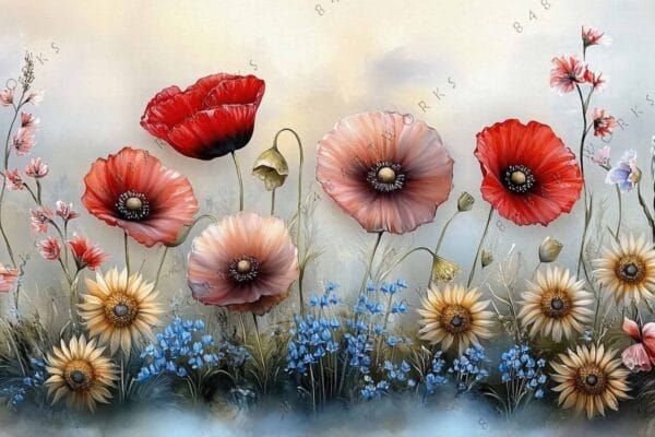 "Digital painting of vibrant red and pink poppies with delicate blue and yellow flowers."
