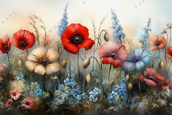 Digital painting of vibrant poppies and wildflowers in soft pastel and deep red tones.
