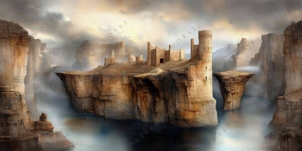 "Fantasy digital painting of a cliffside fortress in muted earth tones."