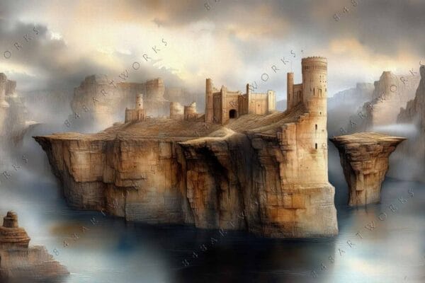 "Fantasy digital painting of a cliffside fortress in muted earth tones."