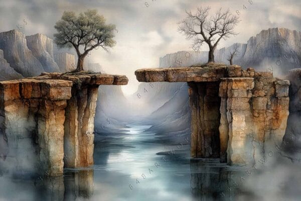 "Surreal digital painting of two cliff edges over misty canyon with trees."