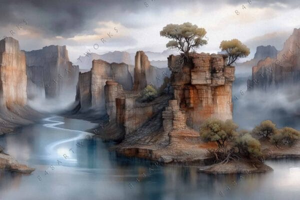 Digital painting of a misty canyon landscape with rocky cliffs and reflective water.