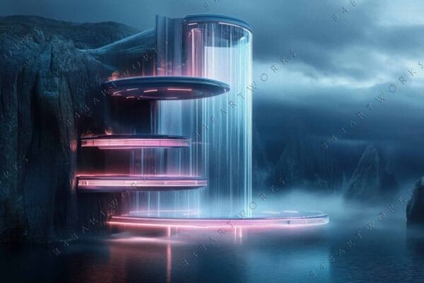 "Futuristic digital art of neon spiral structures over misty water and rocky cliffs."