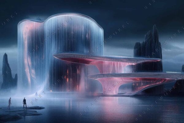 Futuristic digital artwork of glowing structures over water in blue and pink hues.