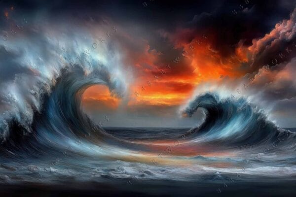 "Digital painting of dramatic ocean waves under a vibrant orange and blue sky."