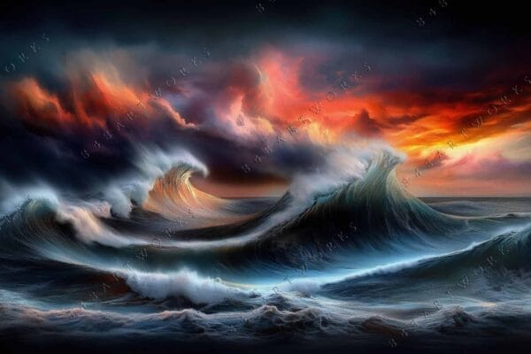Dramatic digital painting of turbulent ocean waves under a fiery sunset sky.