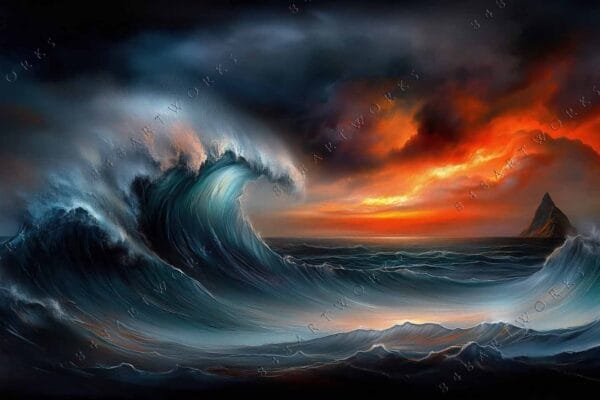 "Dramatic digital painting of ocean waves under a fiery orange and blue sky."