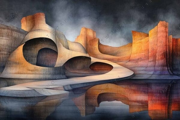 "Surreal digital painting of eroded canyons reflecting in a calm river at dusk."