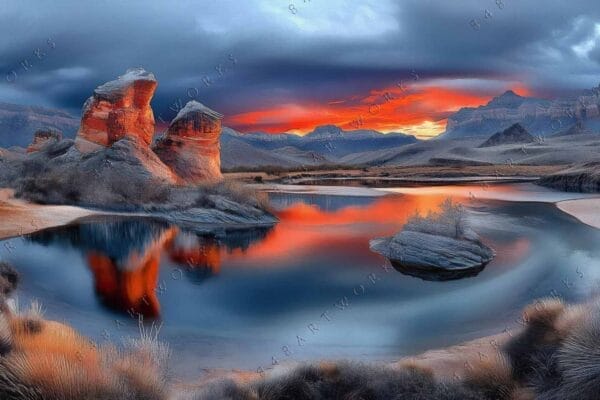Digital painting of a desert landscape with red rock formations and a reflective lake.