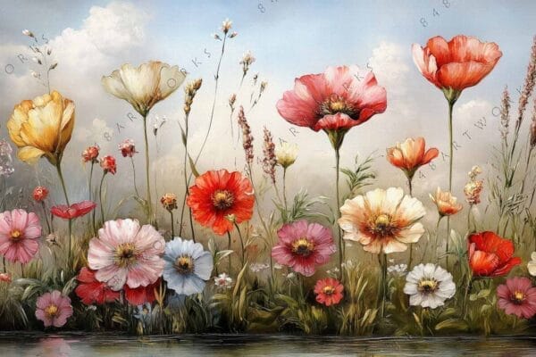 Colorful digital painting of wildflowers with bright blooms under a soft, cloudy sky.