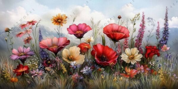 Digital painting of colorful wildflowers in a meadow with a cloudy sky background.