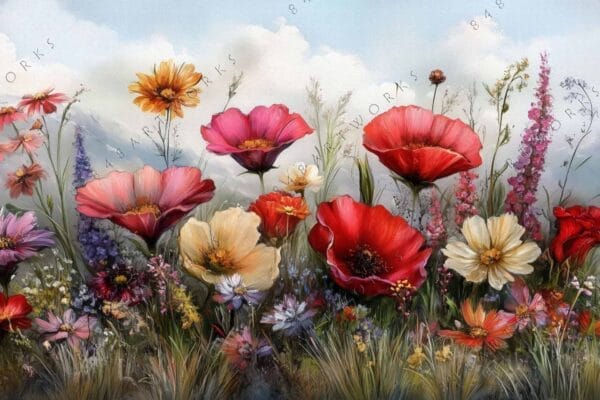 Digital painting of colorful wildflowers in a meadow with a cloudy sky background.