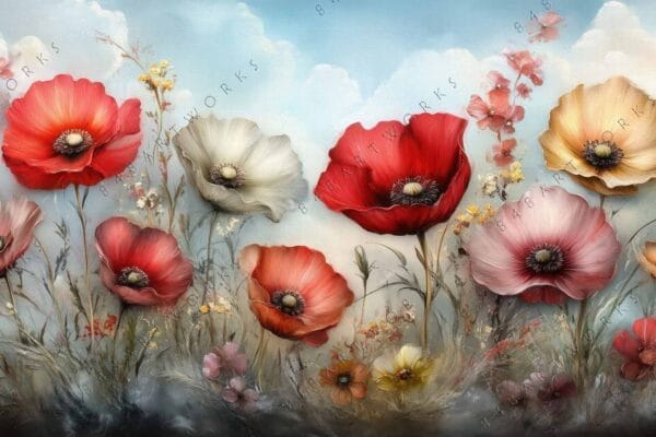 Digital painting of vibrant poppies and wildflowers against a soft cloudy sky backdrop.