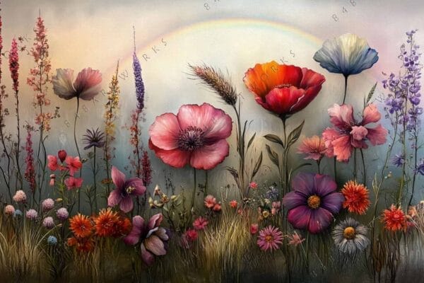 Digital painting of colorful wildflowers under a soft, muted sky with a rainbow.