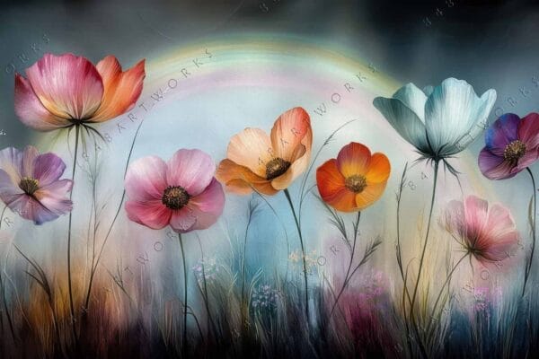"Digital painting of colorful poppies against a soft blue gradient background."