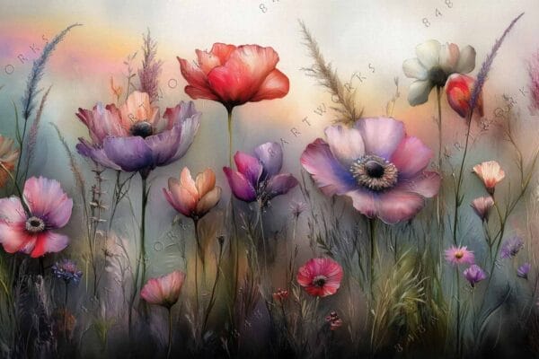 "Digital painting of vibrant wildflowers in soft pastel shades and blurred background."