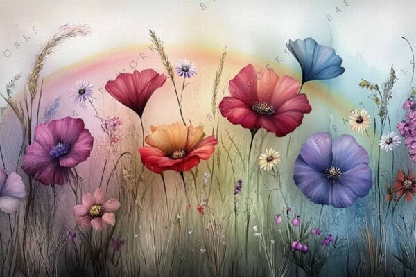 Digital painting of vibrant wildflowers with soft background in pastel shades.