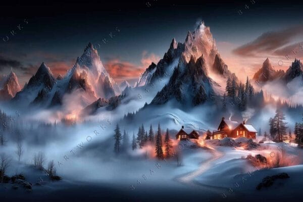 Digital painting of snowy mountains at sunset with cozy cabins and pine trees.