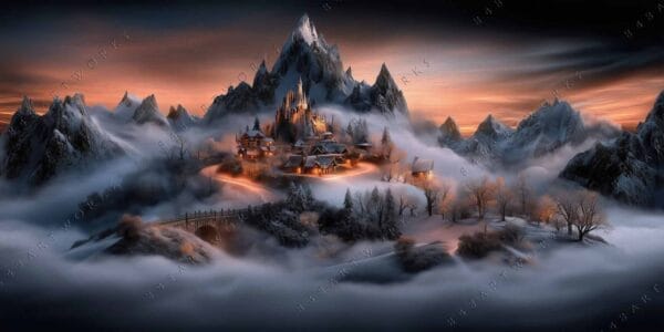 "Digital painting of a snowy mountain village at sunset, with mist and warm lights."