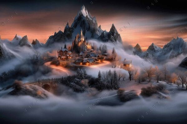 "Digital painting of a snowy mountain village at sunset, with mist and warm lights."