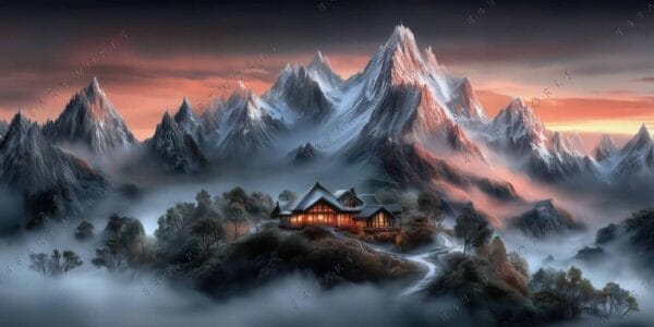 Digital painting of a cozy cabin amidst misty mountains at sunset.