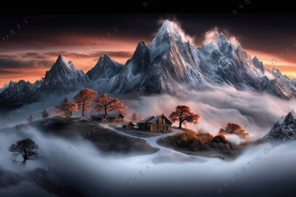 "Digital painting of snowy mountains with cabins and trees in warm sunset hues."