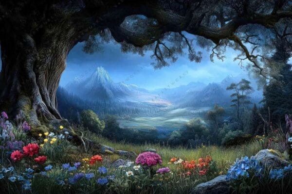 "Fantasy digital painting of a verdant landscape under a tree with colorful wildflowers."