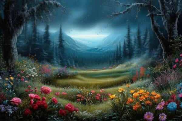 Fantasy digital painting of vibrant flower meadow beneath dark, mystical forest trees.