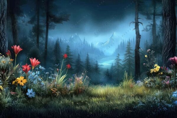 Digital painting of a mystical forest with colorful flowers and misty mountains.