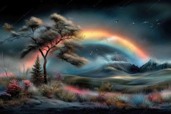 "Digital painting of a vibrant rainbow over a surreal mountainous landscape at twilight."