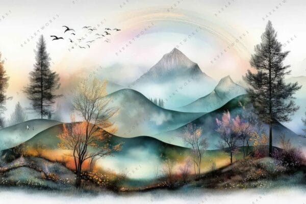 "Digital painting of a serene landscape with misty mountains and colorful trees."